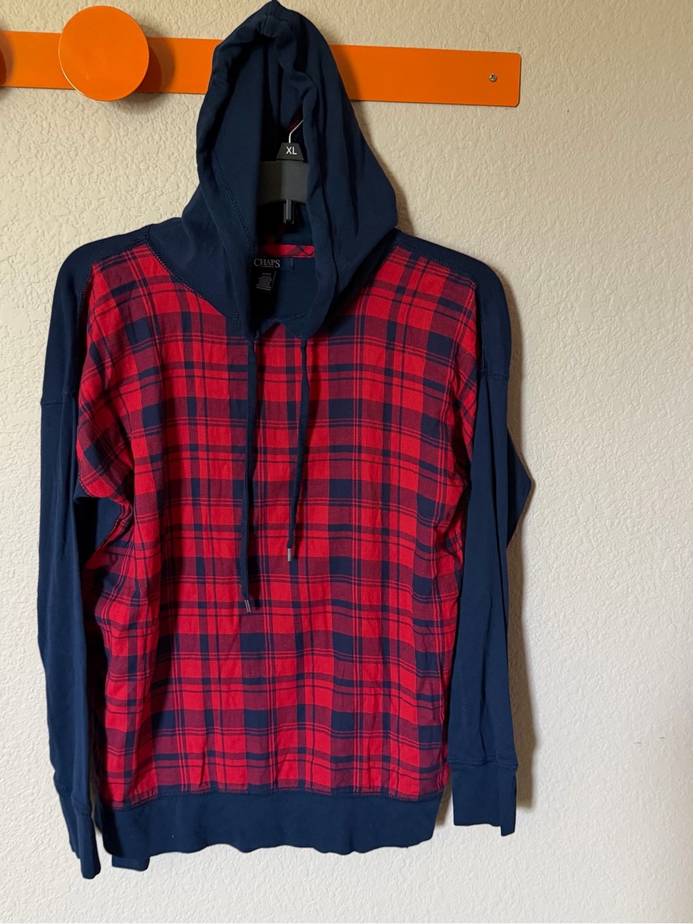 CHAPS Womens Medium Lightweight Thin Sweatshirt Hooded Red Navy